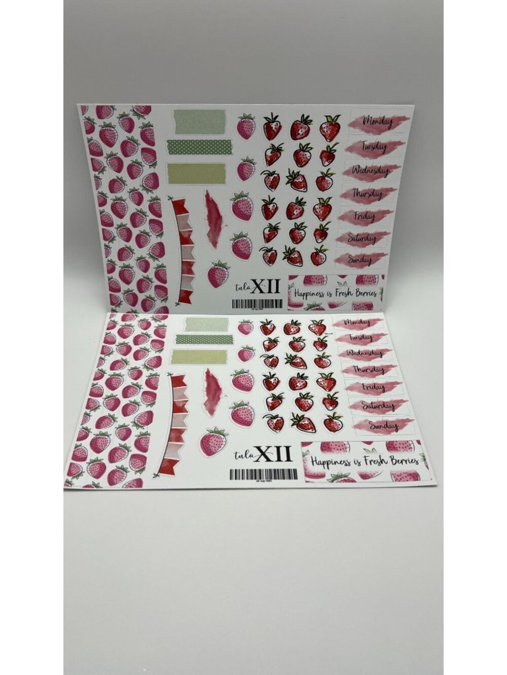 Strawberry-Themed Planner Sticker Sheets By Tula XII - Weekly Days & Decorative